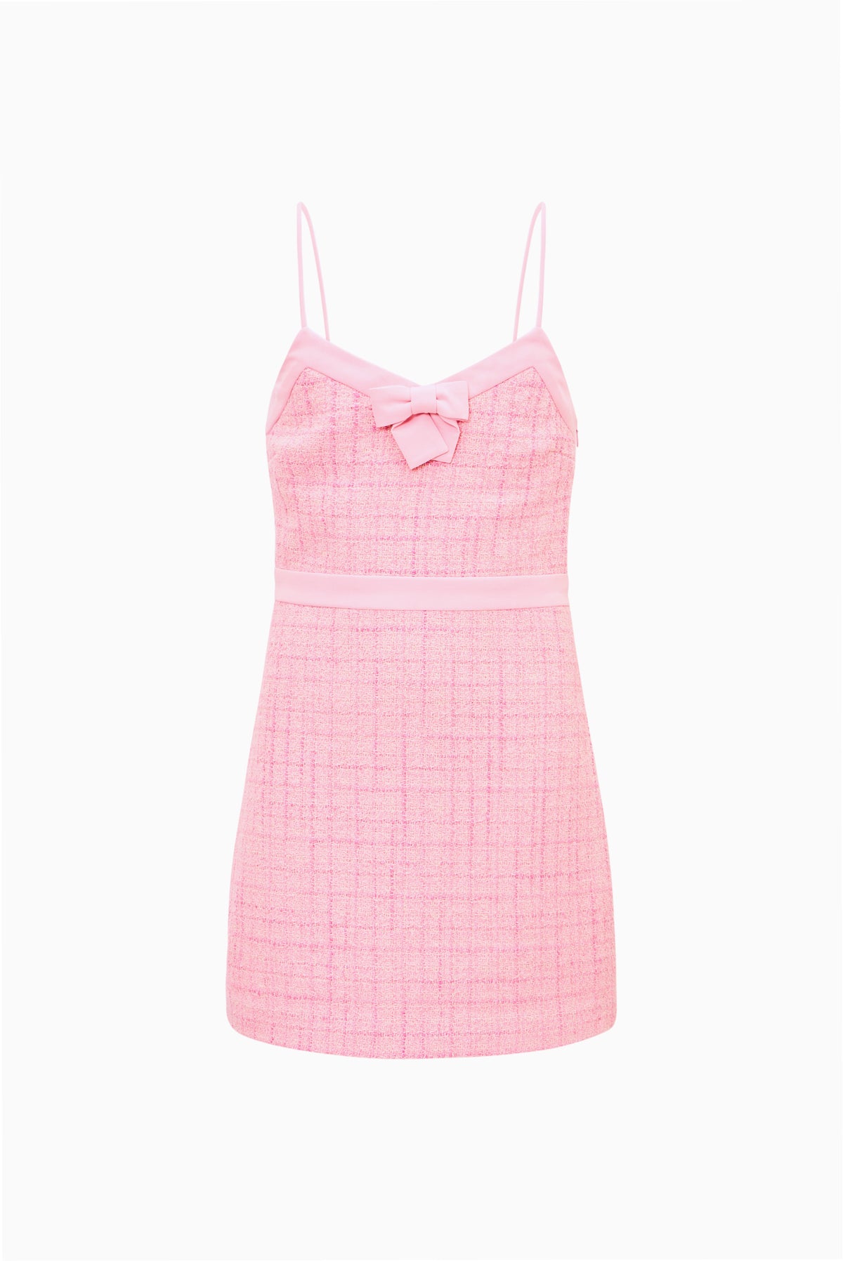 Pink tweed sleeveless dress with bow detail and thin spaghetti straps