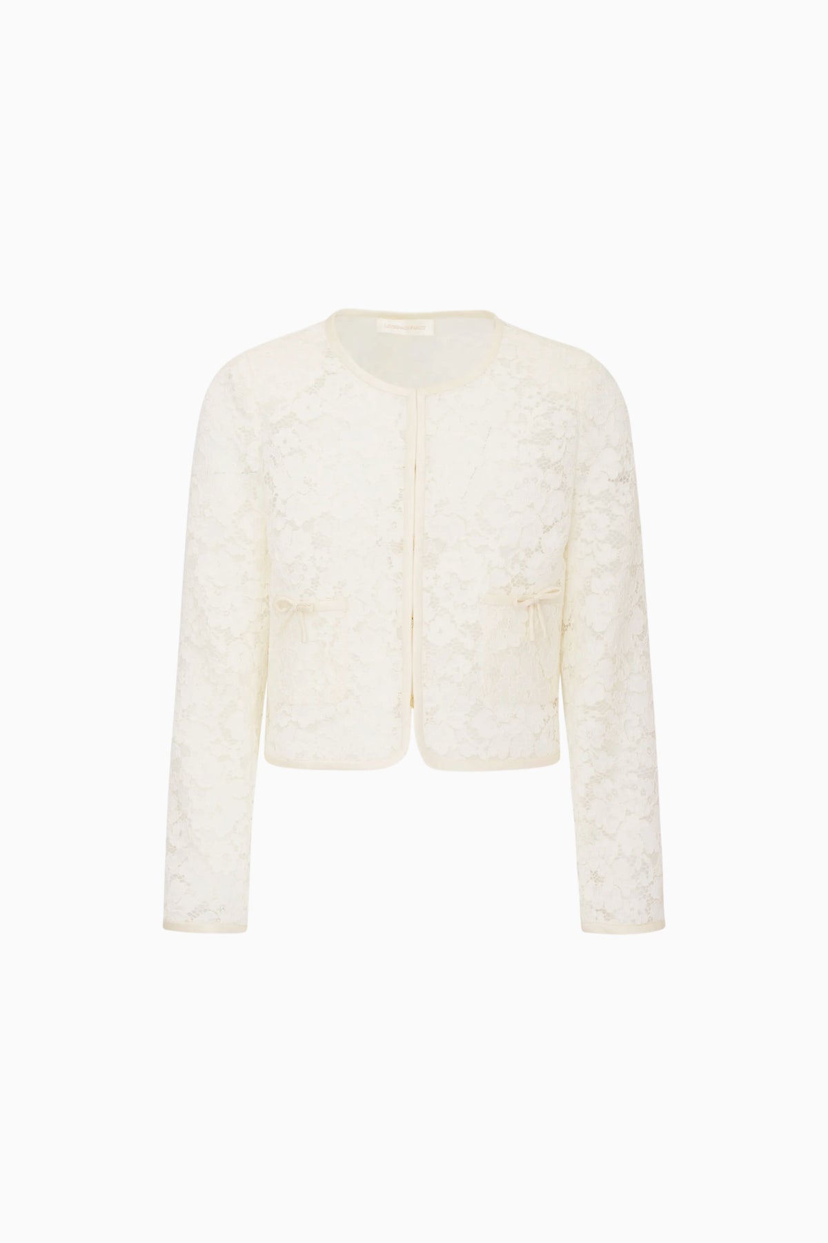 Ivory lace cropped jacket with front button placket and scalloped edges