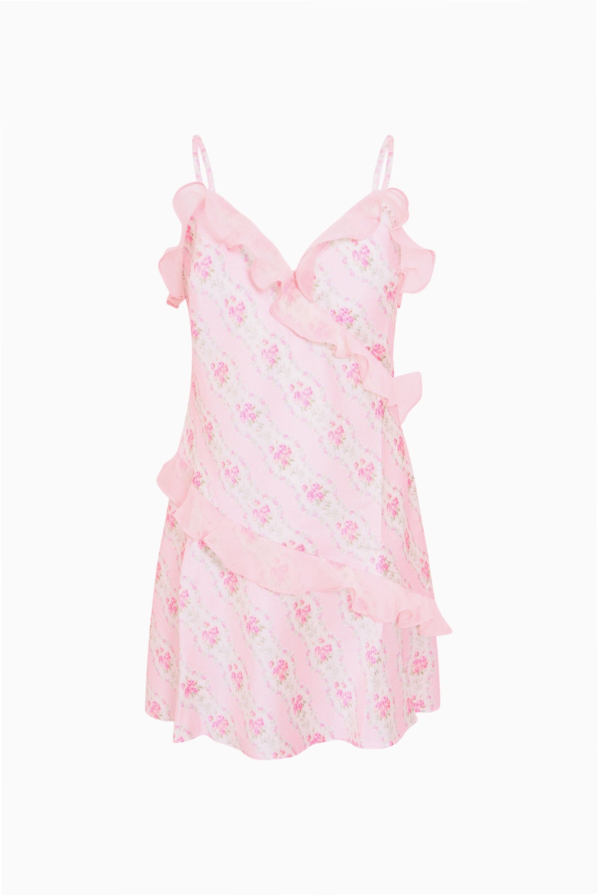Light pink floral mini dress on hanger with V neckline and layered ruffle tiers
