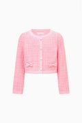 Pink tweed cropped jacket with button front and bow flap pockets