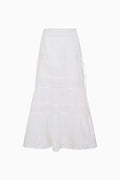 White cotton tiered maxi skirt with elastic waistband and layered ruffles