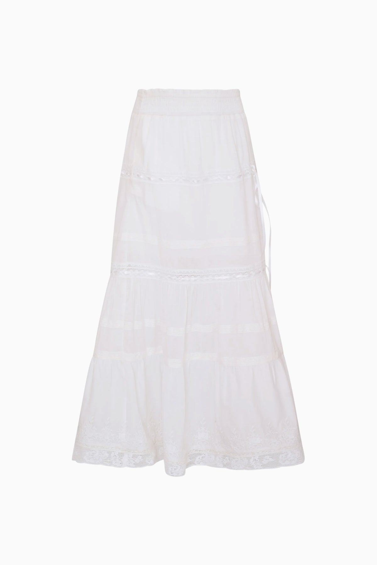 White cotton tiered maxi skirt with elastic waistband and layered ruffles