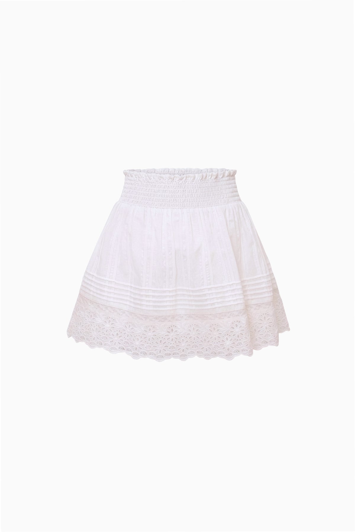 Tween mini skirt in white with tiered panels and lace scallop hem