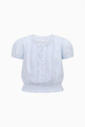 Light blue tween cotton top, short sleeves, button placket, and ruffled waist