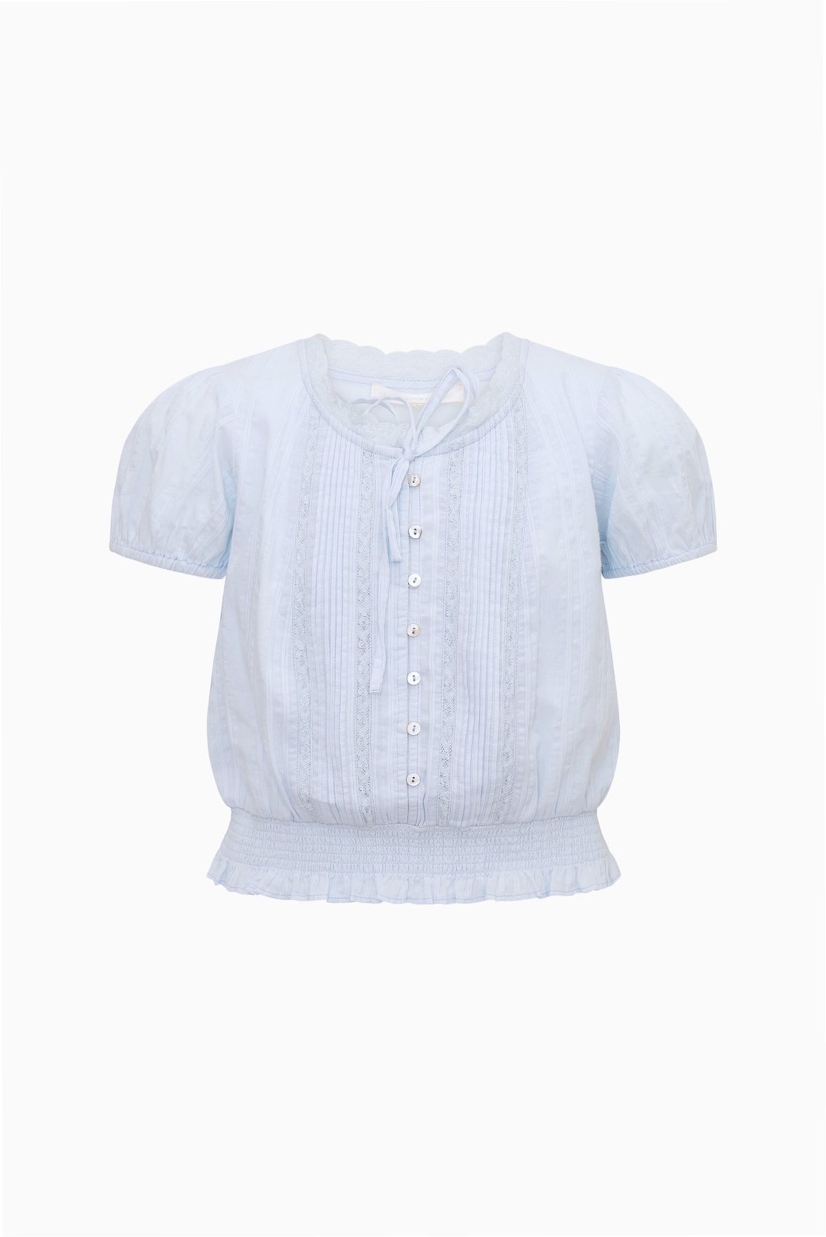 Light blue tween cotton top, short sleeves, button placket, and ruffled waist