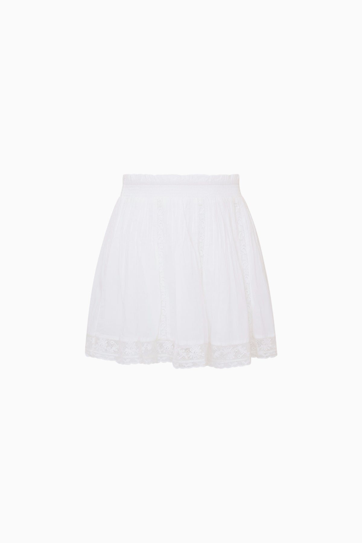 White cotton tiered tween skirt with elastic waist and lace trim hem