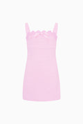 Pink sleeveless lace-trim mini dress with ruffled neckline
