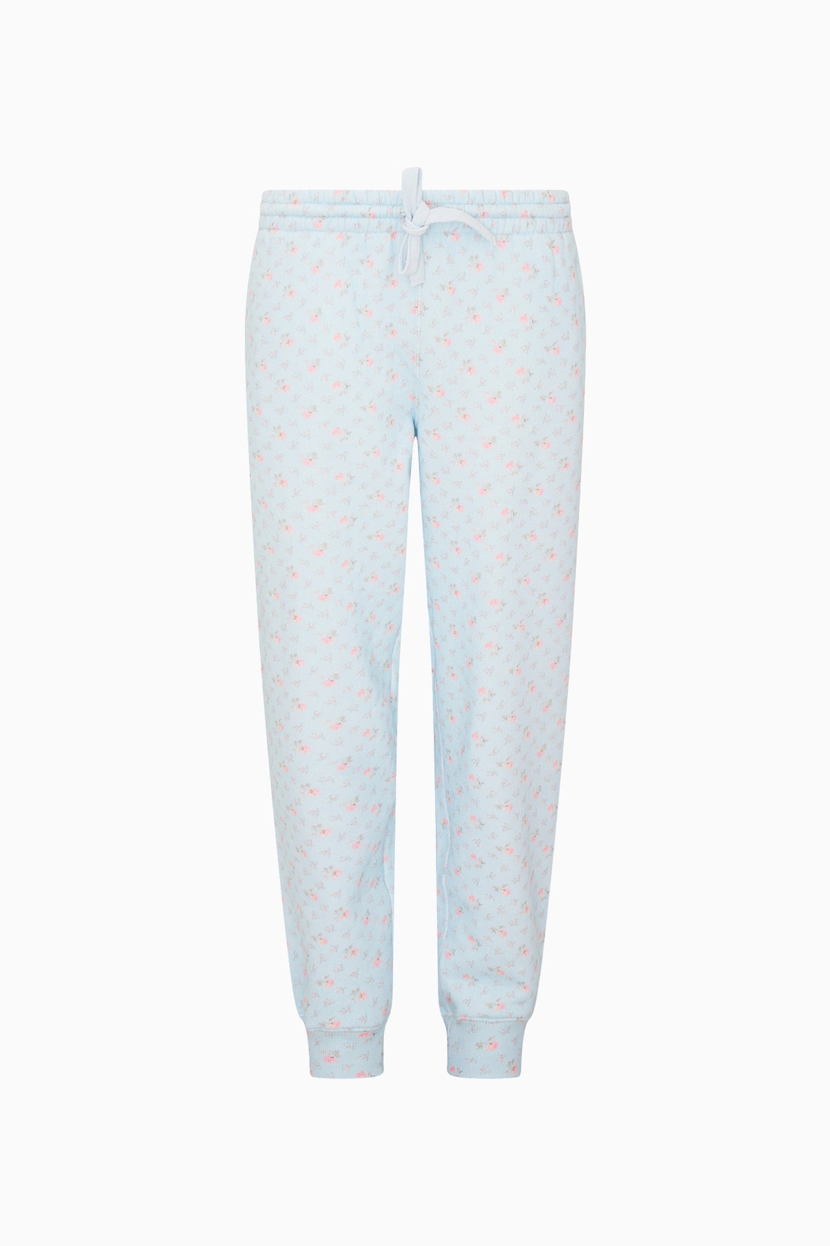 Tween light blue floral sweatpants, flat front view with drawstring waist and cuffs