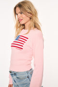 Blushing pink flag pullover sweater, side view with chest logo
