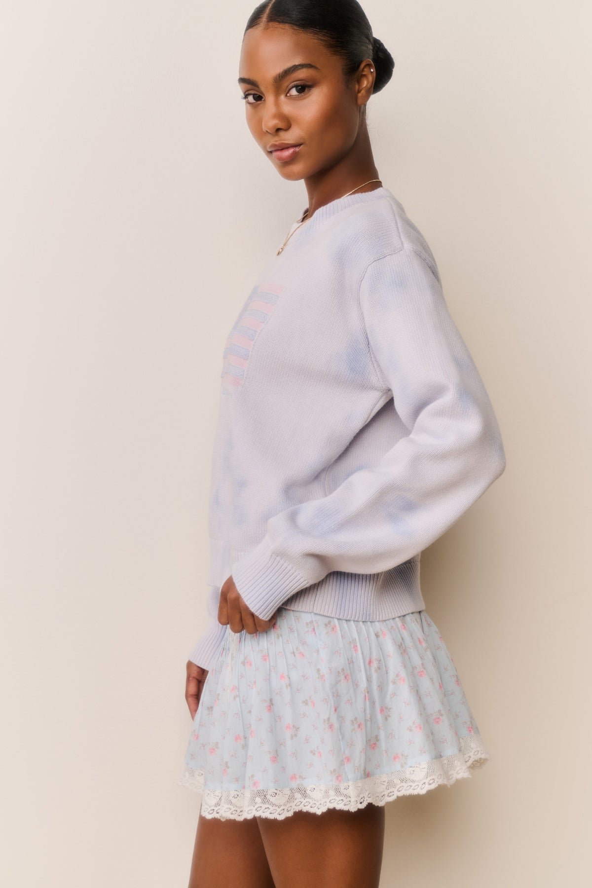 Light blue knit pullover with red-and-pink flag graphic, side view