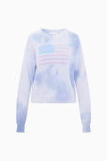 Light blue knit flag graphic pullover, crew neck, long sleeves, ribbed cuffs
