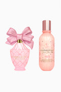 Pink hair and body perfume mist bottle and glitter bow gift set, on white background
