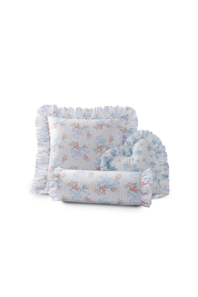 Set of light blue floral ruffle throw pillows with gathered edges and striped pattern