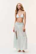 Umber cotton cover-up skirt in light celadon with small pattern, tiered maxi length.