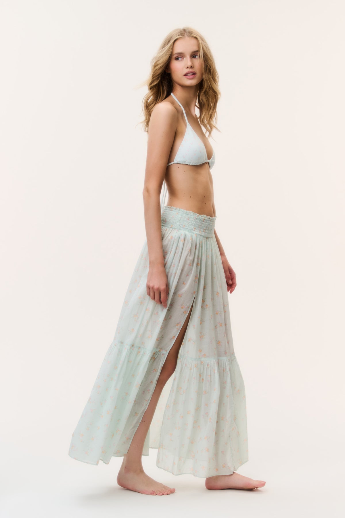 Umber cotton cover-up skirt in light celadon with small pattern, side slit, tiered maxi.