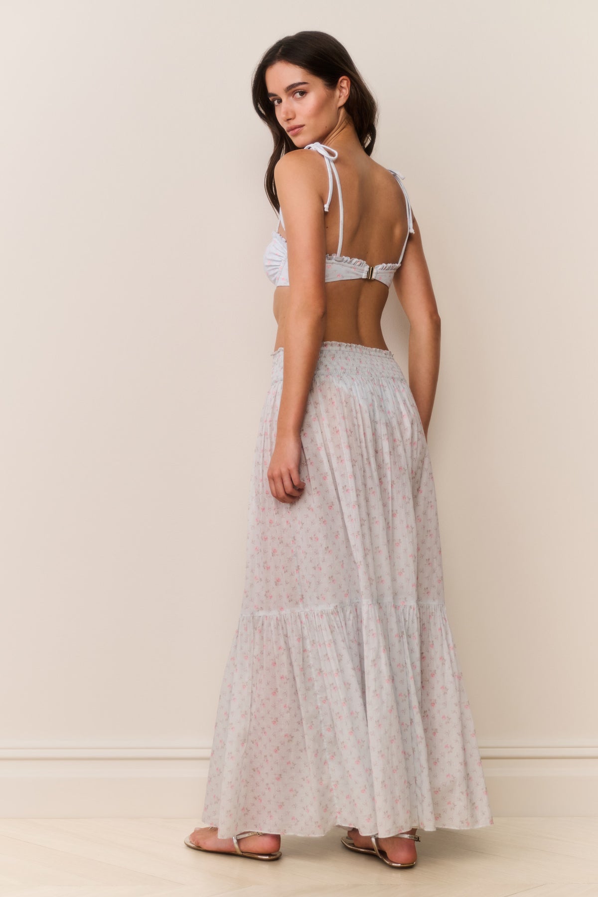 Floral cotton maxi cover-up skirt with tiered ruffle hem and elastic waist