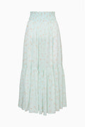 Umber cotton cover-up skirt in light celadon with small pattern, tiered maxi length.