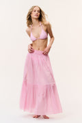 Umber cotton cover-up skirt in pink with small pattern, tiered maxi with drape.