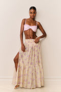 Pastel floral maxi skirt with elastic waist and layered ruffle tiers