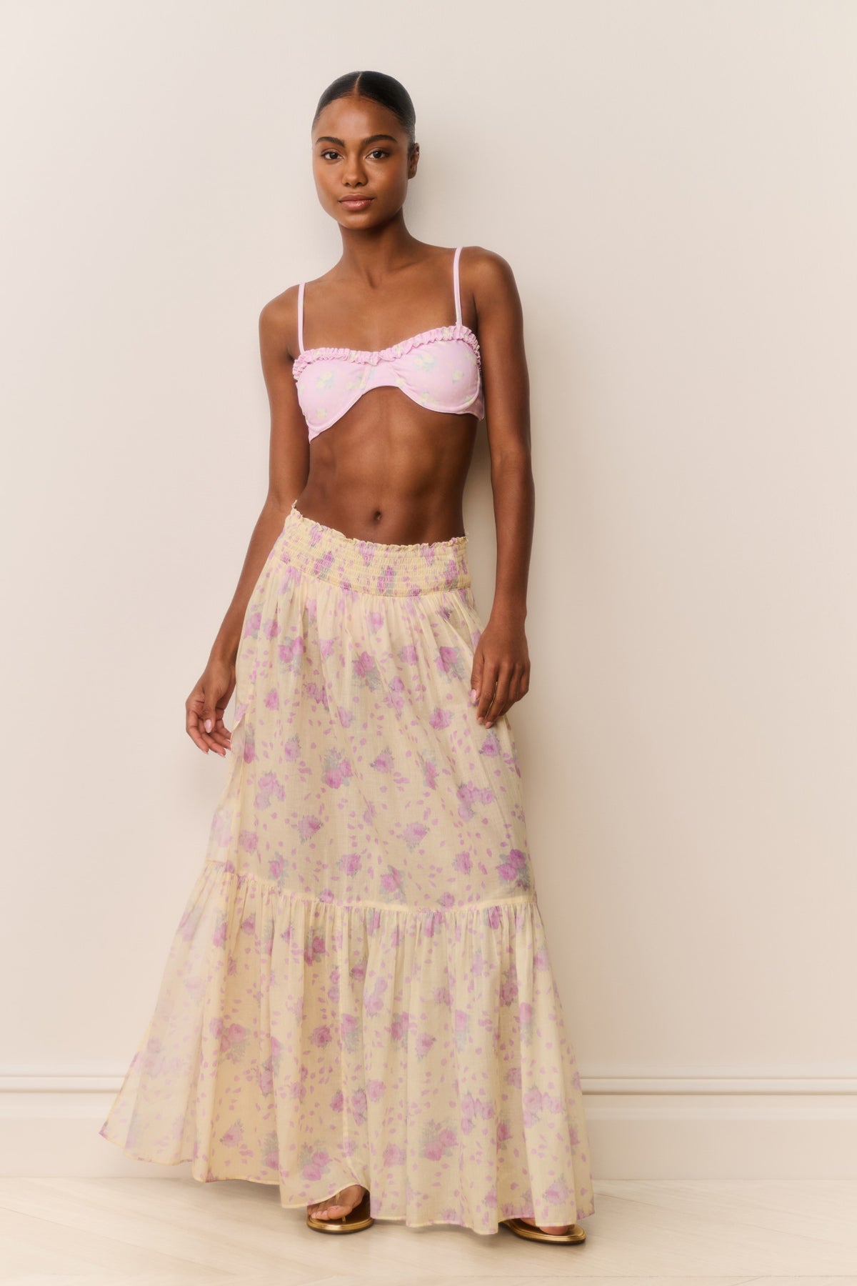 Pastel floral tiered maxi cover-up skirt with elastic waist and side slit