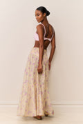 Pastel floral cotton maxi skirt with tiered ruffles and elastic waist