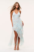 Light blue floral chiffon dress with spaghetti straps and layered ruffle hem