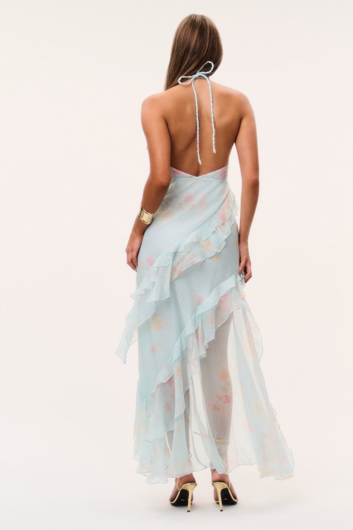 Back view light blue floral chiffon dress with halter tie and layered ruffle skirt