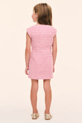 Girls tweed dress in pink with cap sleeves, back view
