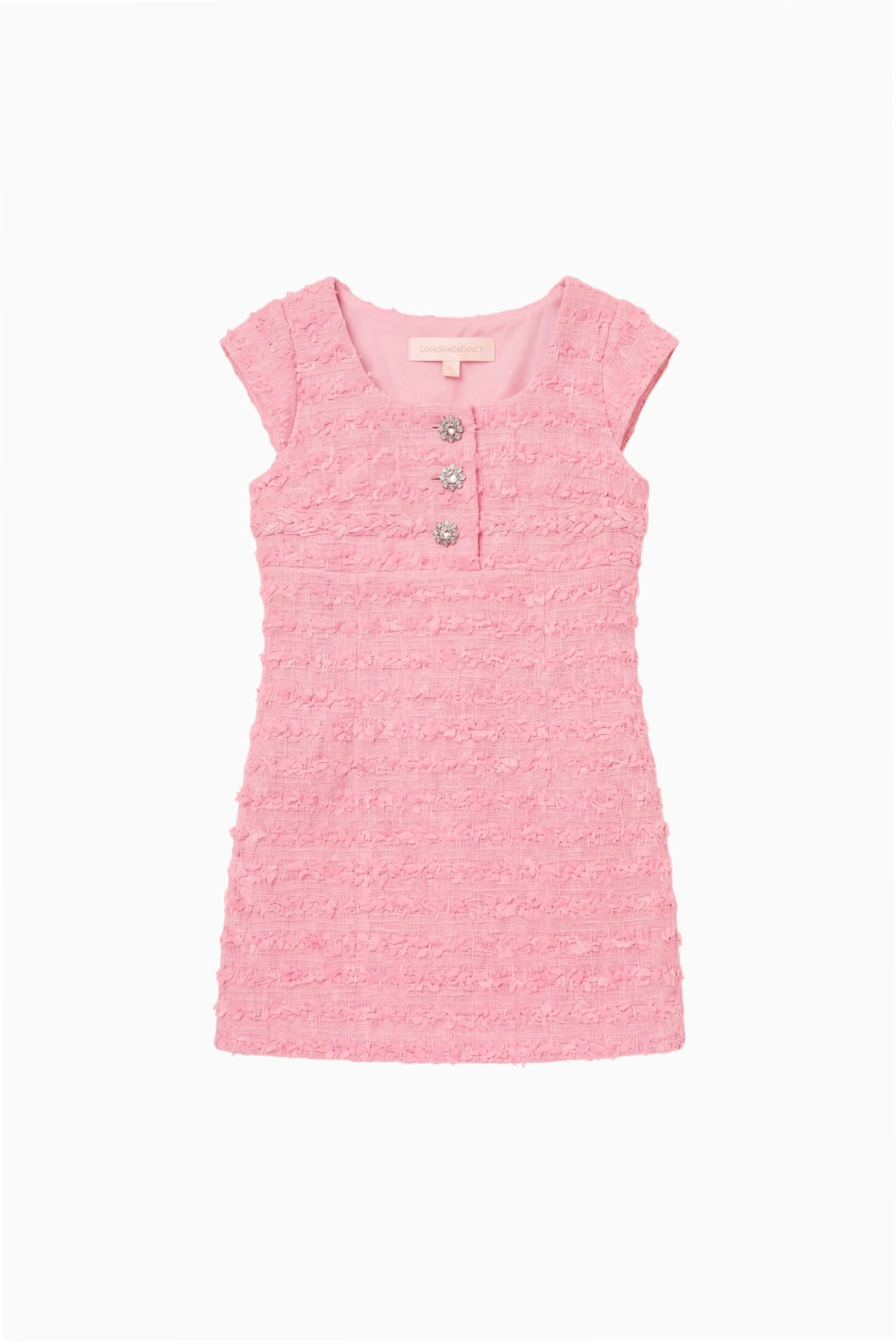 Girls pink tweed dress with cap sleeves and button-front placket, flat lay