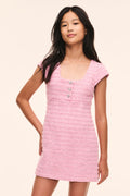 Tween pink tweed mini dress, cap sleeves, square neckline, button-front detail