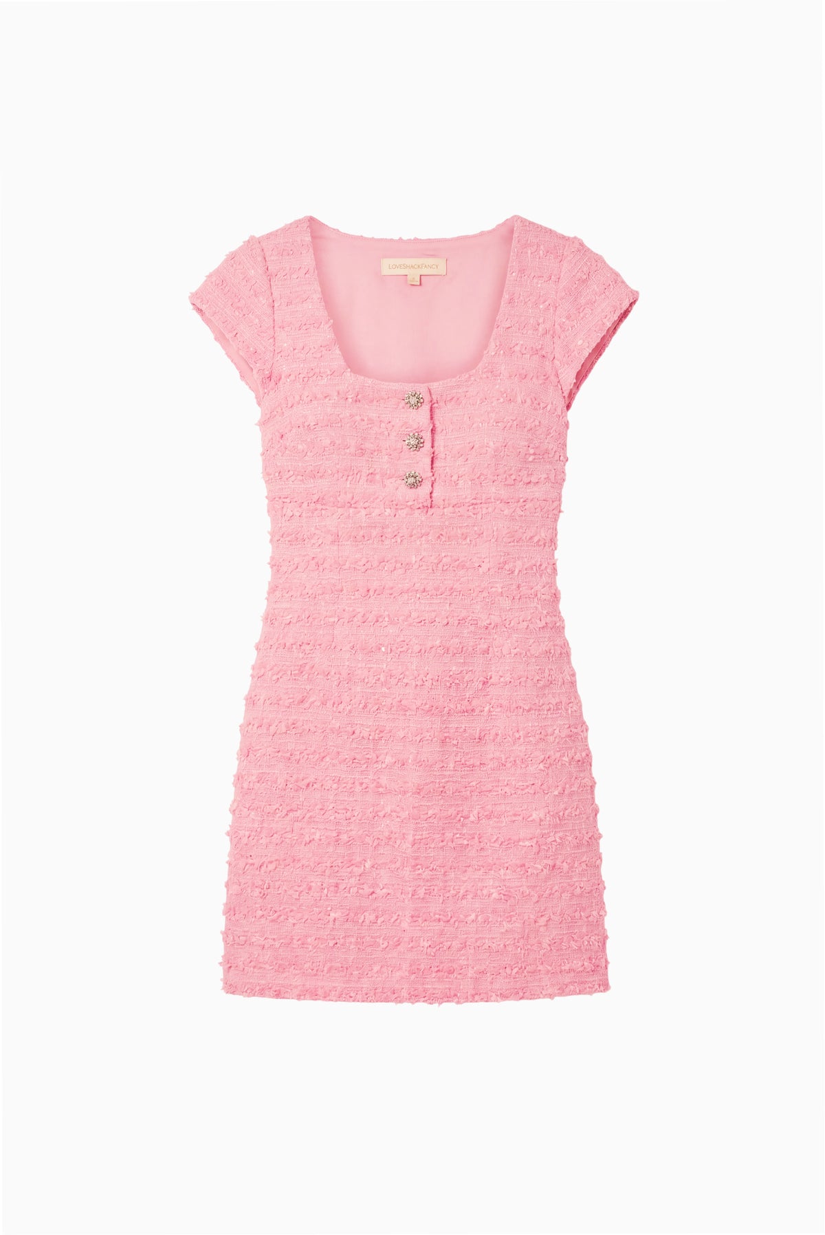Pink tweed mini dress, cap sleeves, square neckline, button-front, textured fabric
