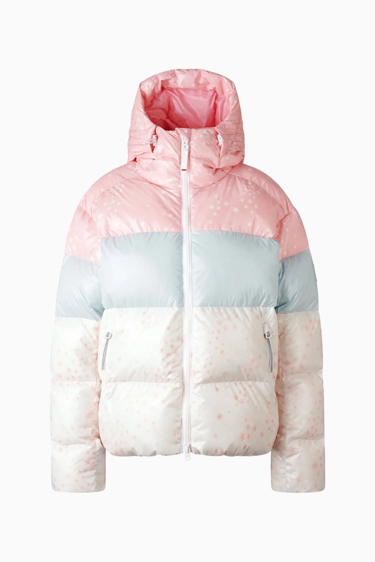 Pink, light blue and white hooded puffer jacket with front zipper and chest pocket.