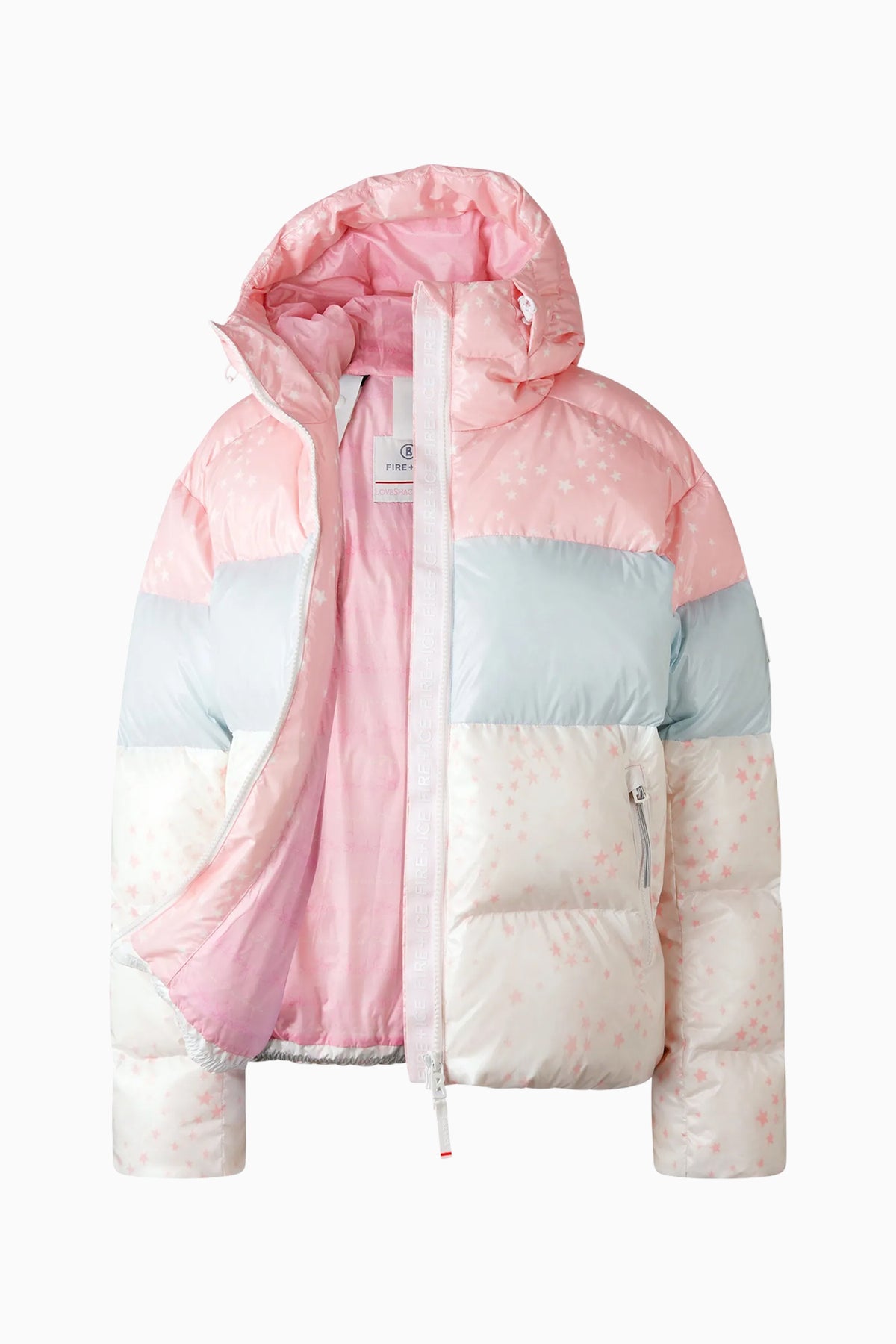 Pink hooded puffer jacket with color-block panels and visible front zipper.
