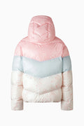 Pink, white and light blue hooded puffer jacket with full-length zipper.