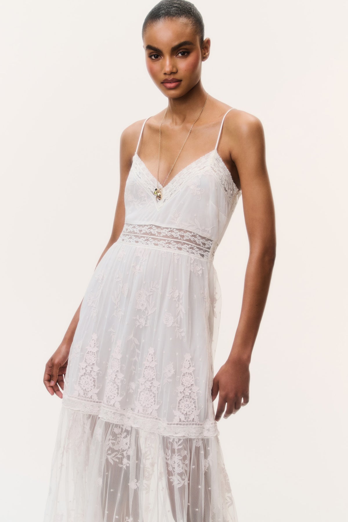 Ivory embroidered tulle maxi dress, thin straps, V-neck bodice with lace trim