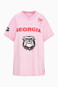 Pink varsity jersey dress with Georgia text and bulldog logo, front view