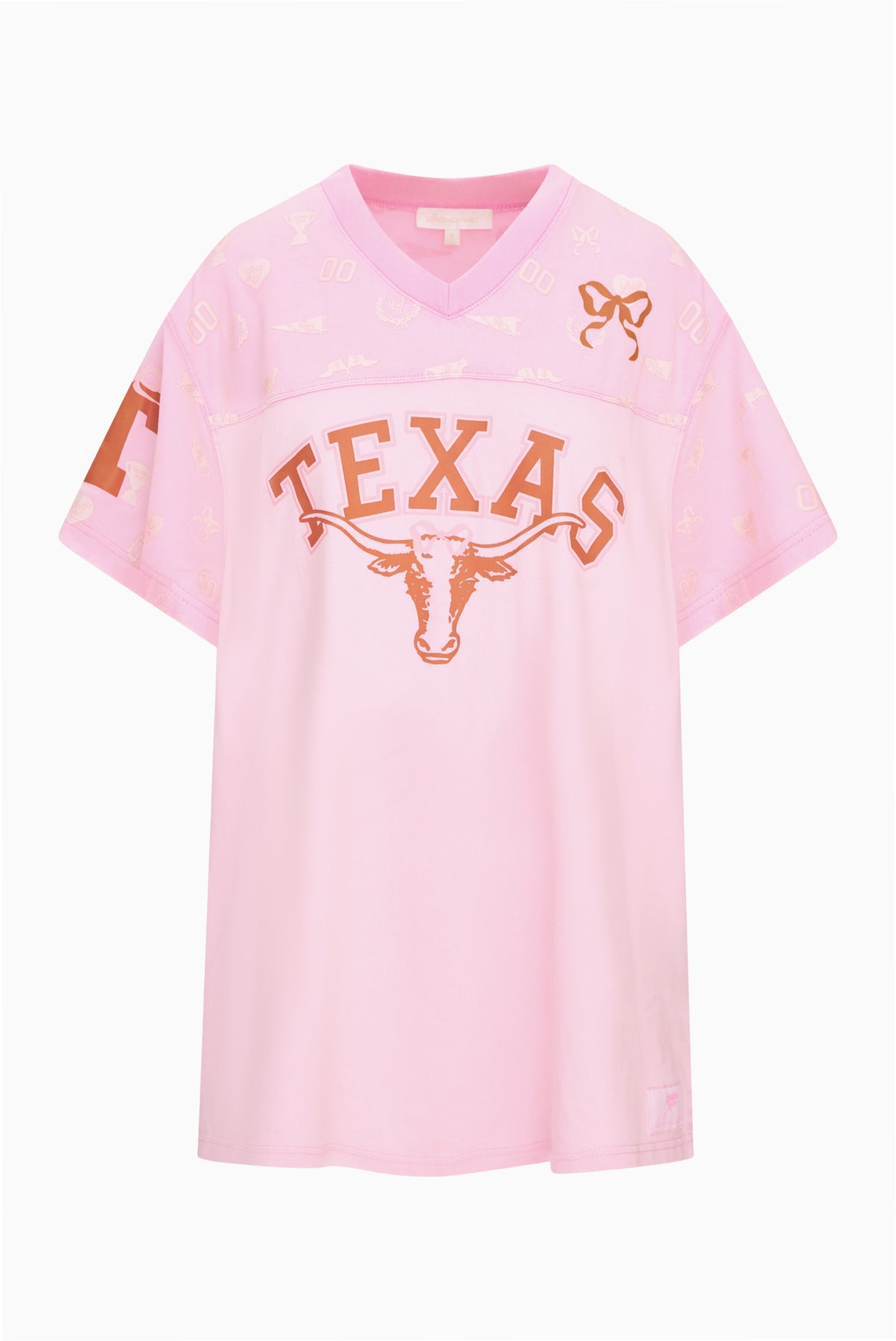 Pink varsity jersey dress with V-neck and Texas graphic front