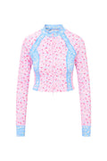 Floral active jacket with pink-and-light-blue panels, full zip and long sleeves