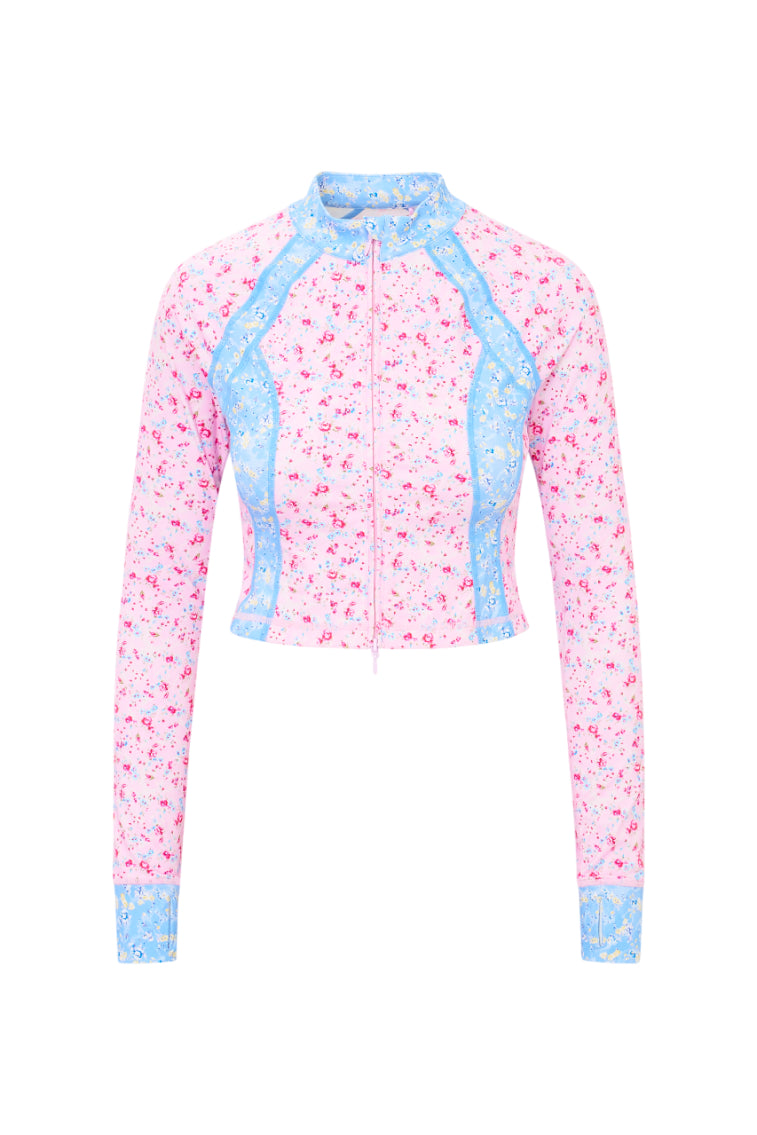 Floral active jacket with pink-and-light-blue panels, full zip and long sleeves