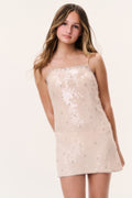Peach sequin mini cami dress with spaghetti straps