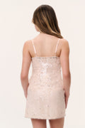 Peach sequin mini cami dress, open back with thin straps
