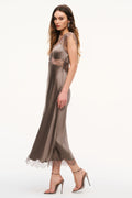 Silk-blend lace maxi dress in pewter sky, sleeveless satin front with lace hem
