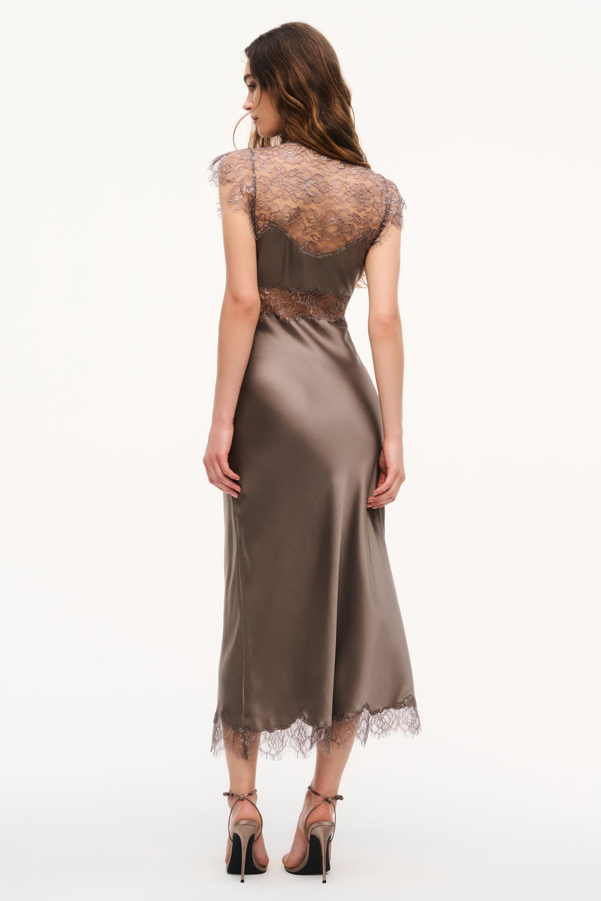 Silk-blend lace maxi dress in pewter sky, lace back yoke and scalloped lace hem