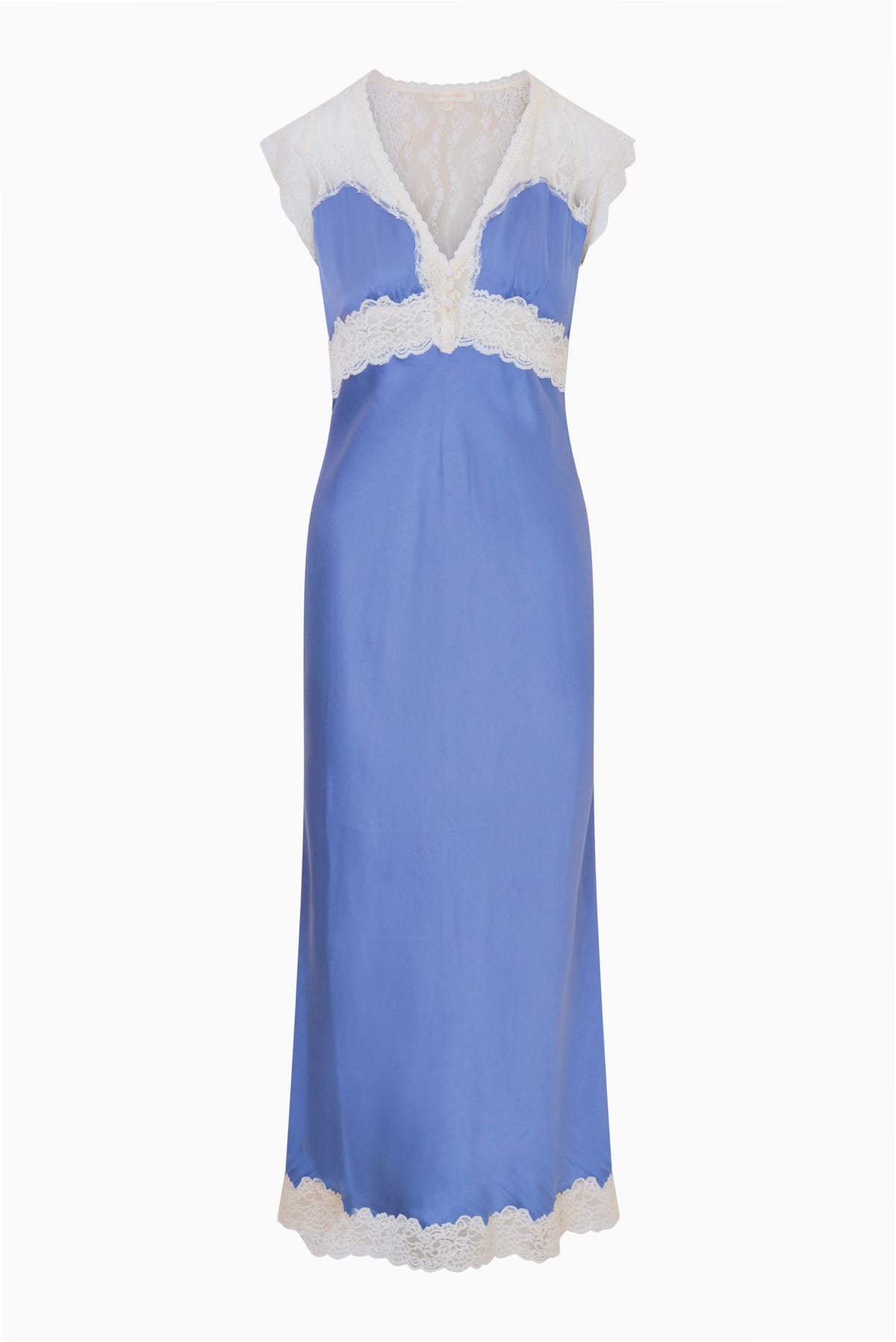Silk-blend lace maxi dress in weathered blue, lace V neckline and short sleeves