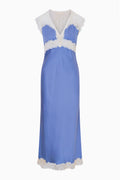 Silk-blend lace maxi dress in weathered blue, lace V neckline and short sleeves