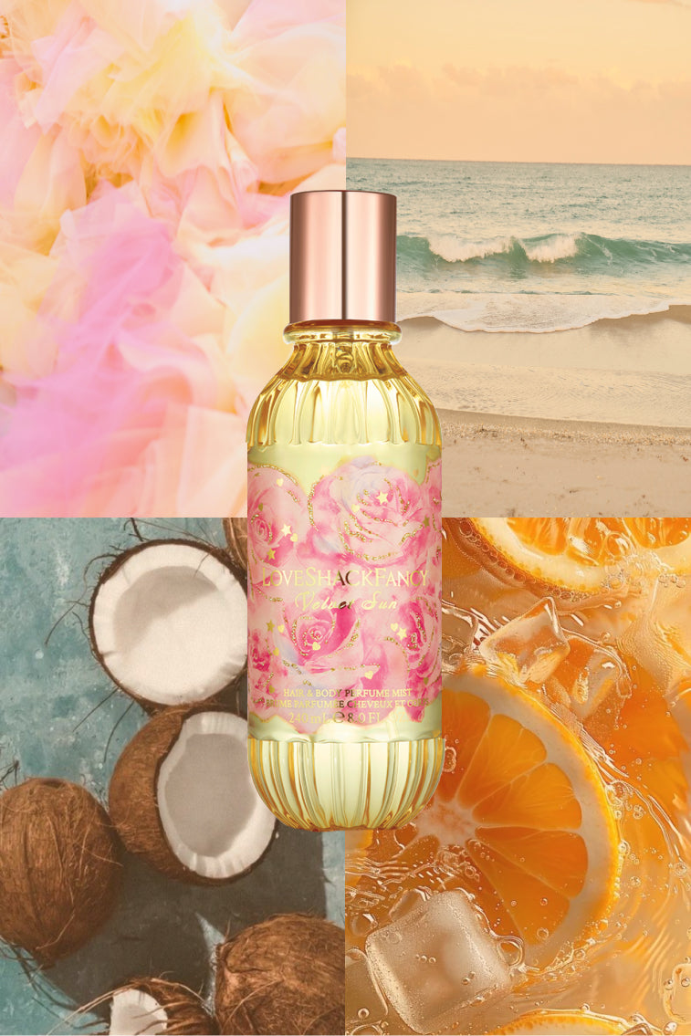 Hair and body perfume mist bottle with gold liquid, metallic cap, and visible coconut