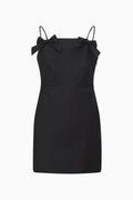 Black mini dress with shoulder bows and spaghetti straps