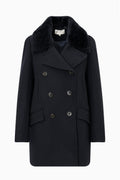 Navy faux fur-collared peacoat, double-breasted with button front