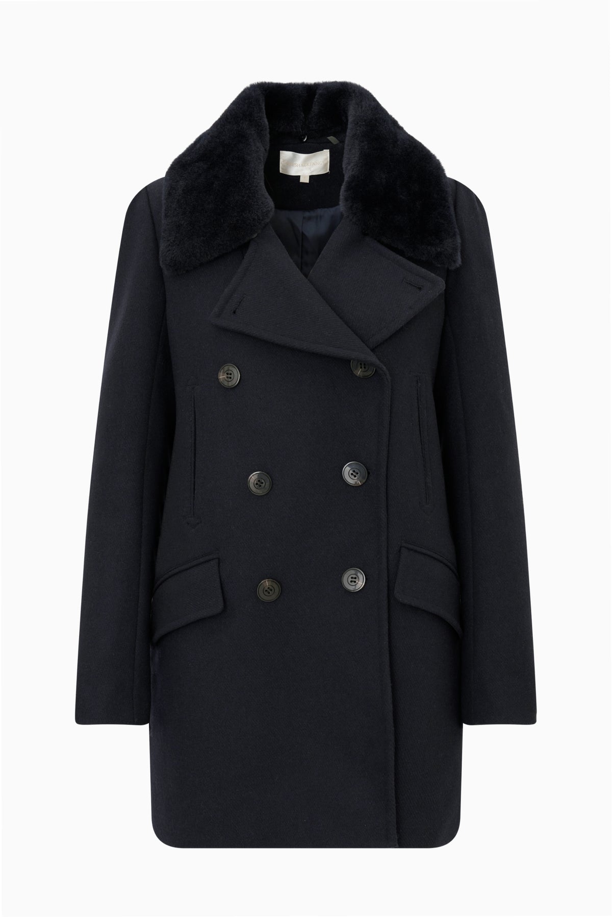 Navy faux fur-collared peacoat, double-breasted with button front