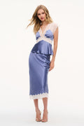 Silk-blend lace slip skirt in blue with scalloped lace hem